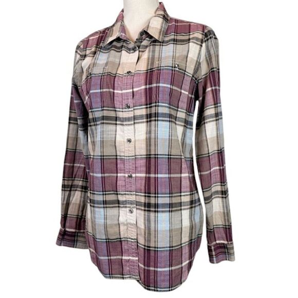 Pendleton Women's Button Front Plaid Shirt Taupe Cream Wine Purple Size Medium - Picture 1 of 11